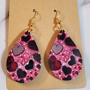 Pink, Red & Black Hearts teardrop earrings